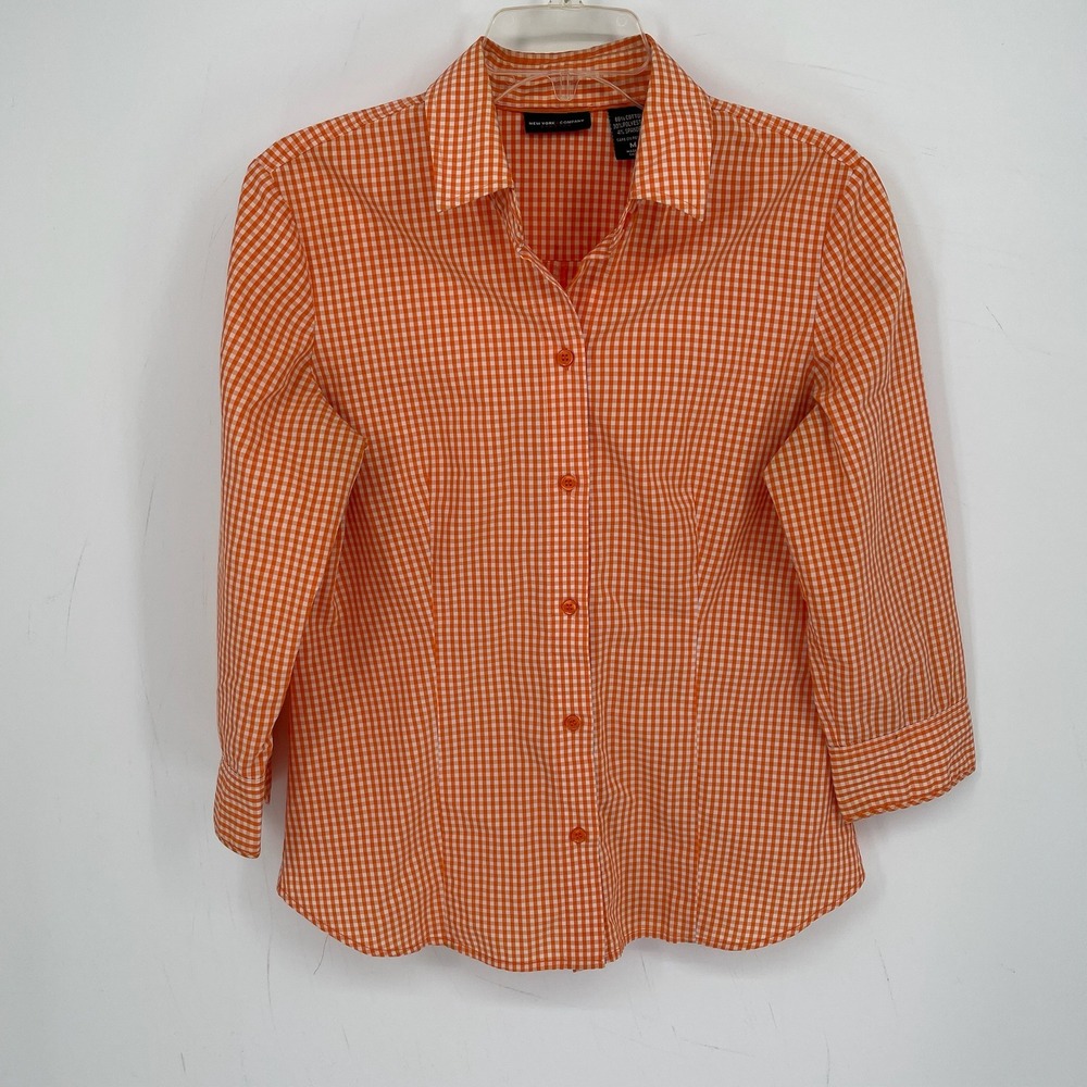 New York & Company Women's Orange Gingham 3/4 Sleeve Button Front Shirt Size M